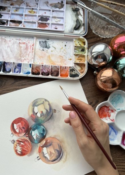 Новогодний мастер-класс «Акварель для начинающих: снег, гирлянды и зимние пейзажи»